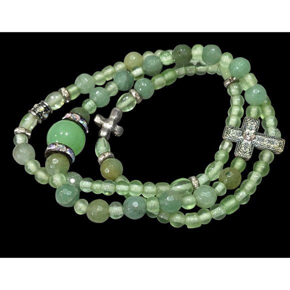 Religious Green Glass Beaded Layered Stretch Bracelet - Picture 1 of 5